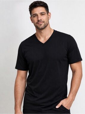 Calvin Klein Mens Black V Neck T Shirt Cotton Short Sleeve  Basic — Size M